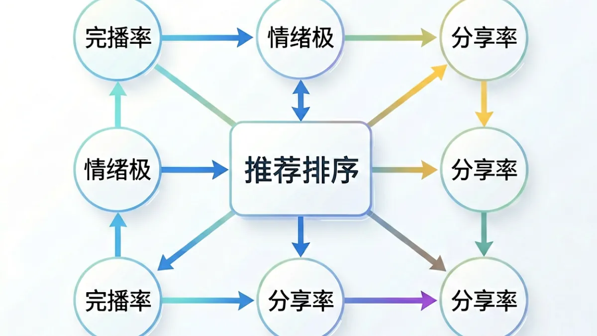羞羞影院内容推荐算法示意图，展示完播率、情绪极值与分享率三维度加权排序流程